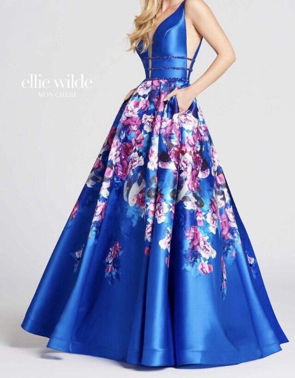 Ellie Wilde Mon Cheri EW118006 Blue V-neck A-line Floral Gown Prom 16/18* Read
